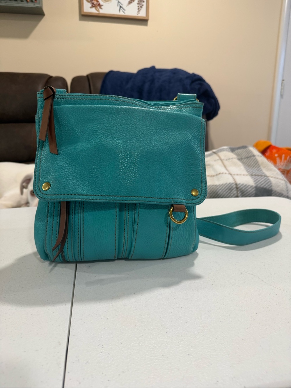 Fossil Teal Leather Crossbody with Brown Trim